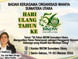 Senin–Selasa 19–20 Oktober, BKOW Sumut Peringati HUT ke-56 dengan Tema Pemberdayaan Ekonomi Perempuan